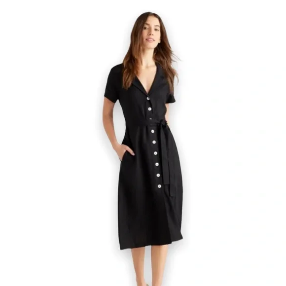 Vintage Desiree Womans Black Button Down Short Sleeve Collared V Neck Midi Dress - Picture 4 of 10